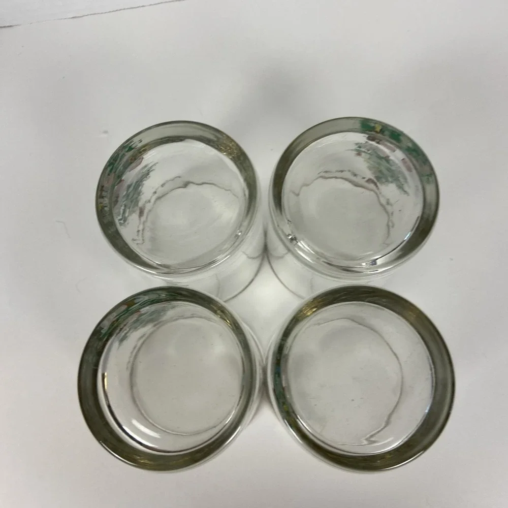 Vtg Home Trends Christmas Tree Set of 4 Glasses Golden Rim Juice / Whisky Glass